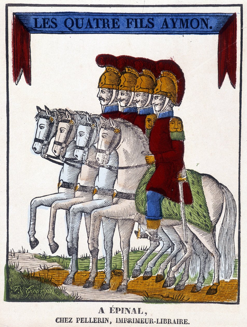 Bild von Epinal aus dem Jahr 1825, das „Die vier Söhne Aymon“ darstellt, ein anonymes Epos aus dem späten 13. Jahrhundert. von French School