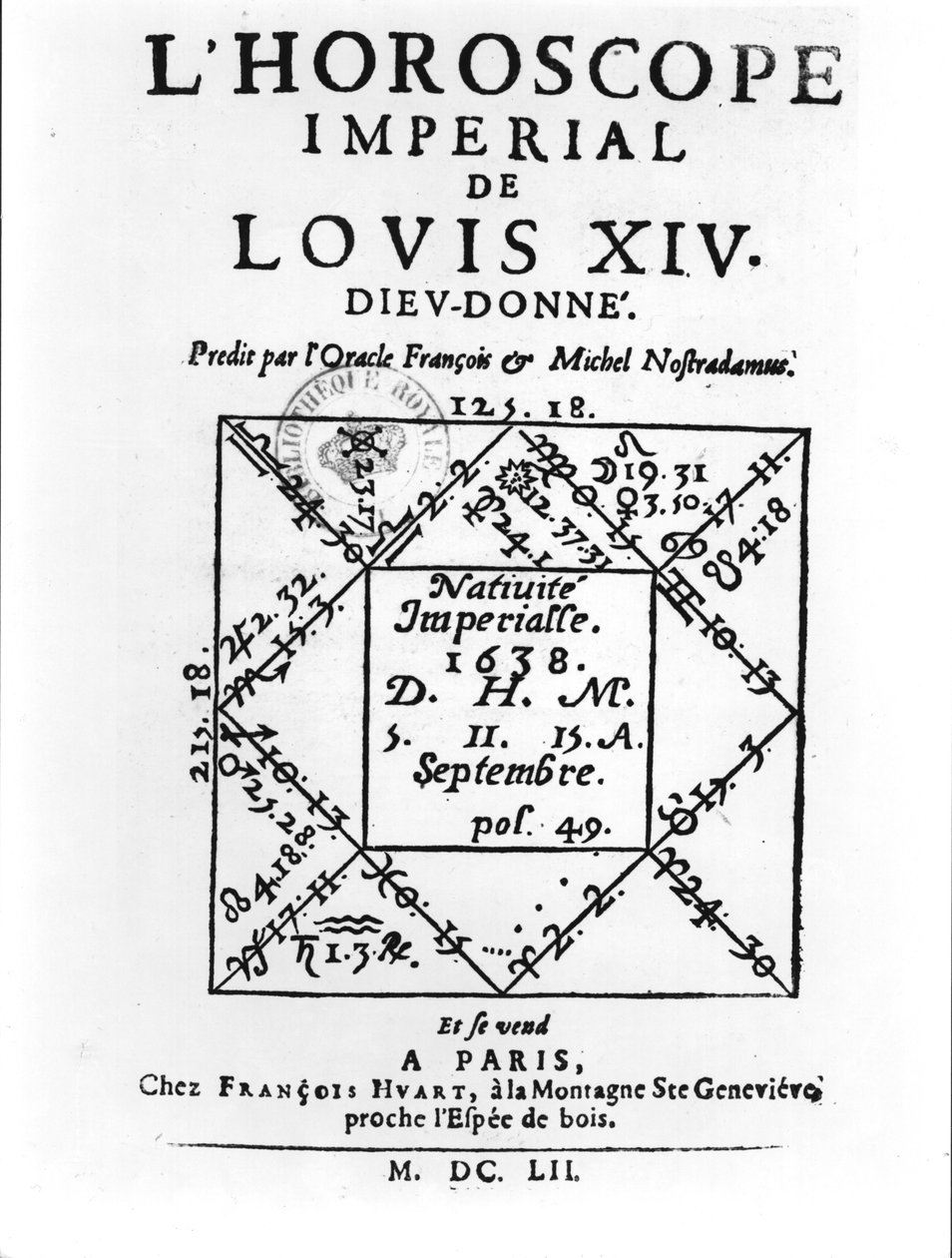 Kaiserliches Horoskop von Ludwig XIV. von Michel Nostradamus, veröffentlicht von François Huart in Paris 1652 von French School