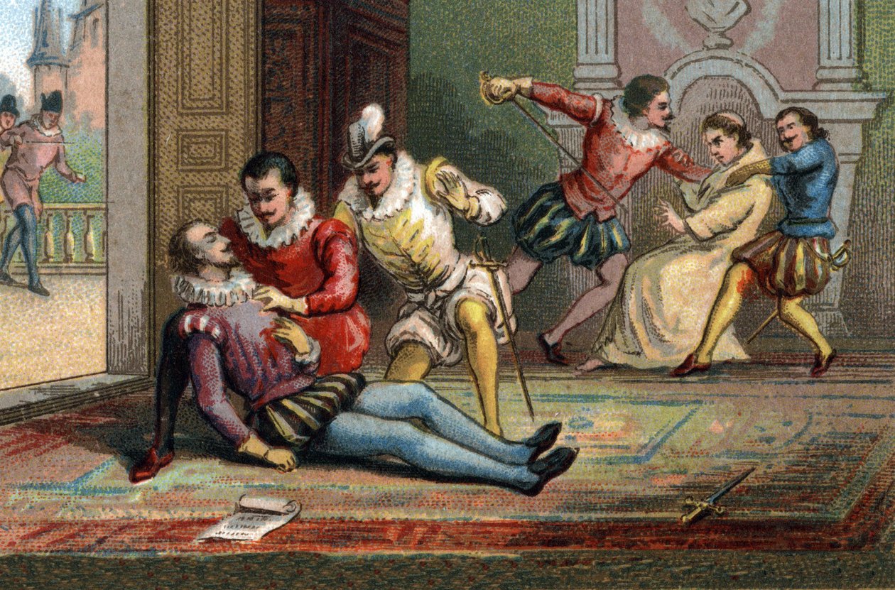 Im Jahr 1589 ermordete der Mönch Jacques Clement König Heinrich III. mit einem Dolchstoß, nachdem er ihn einen Brief lesen ließ. Der König starb in den Armen von Heinrich von Navarra. Chromolithographie um 1890 von French School