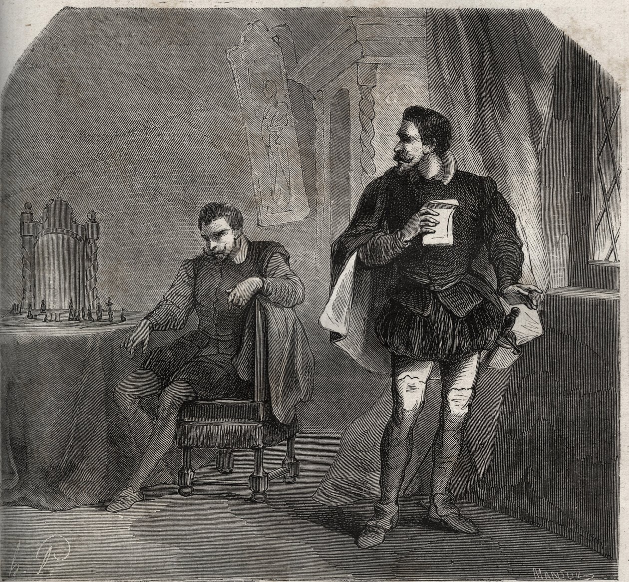 In einem Schachspiel mit James Balfour erhielt Jacques Hepburn (bekannt als Bothwell) (ca. 1534-1578), Liebhaber von Königin Maria I. Stuart (1542-1587), eine Nachricht von der Königin, die sie über ihren Ehemann Henry Stuart, genannt Lord Darnley, informi von French School