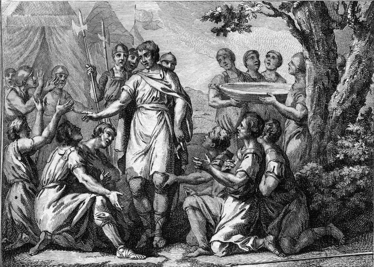 Inthronisation von Pharamond (5. Jahrhundert): Krönung des Königs der Franken Pharamond (oder Pharamun oder Faramund oder Paramund). Gravur des 18. Jahrhunderts. von French School