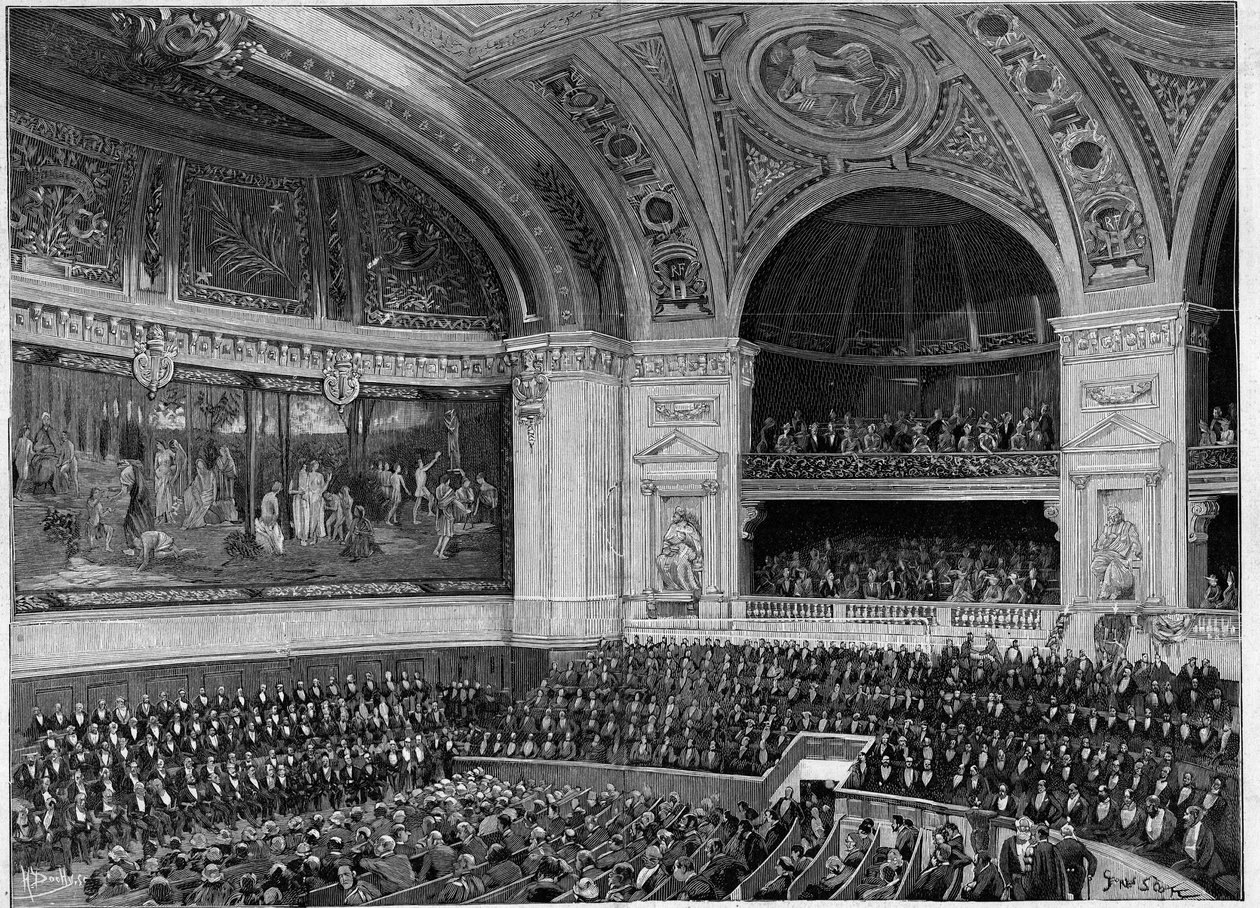Einweihung der neuen Sorbonne im Jahr 1889: das große Amphitheater während der Zeremonie. von French School