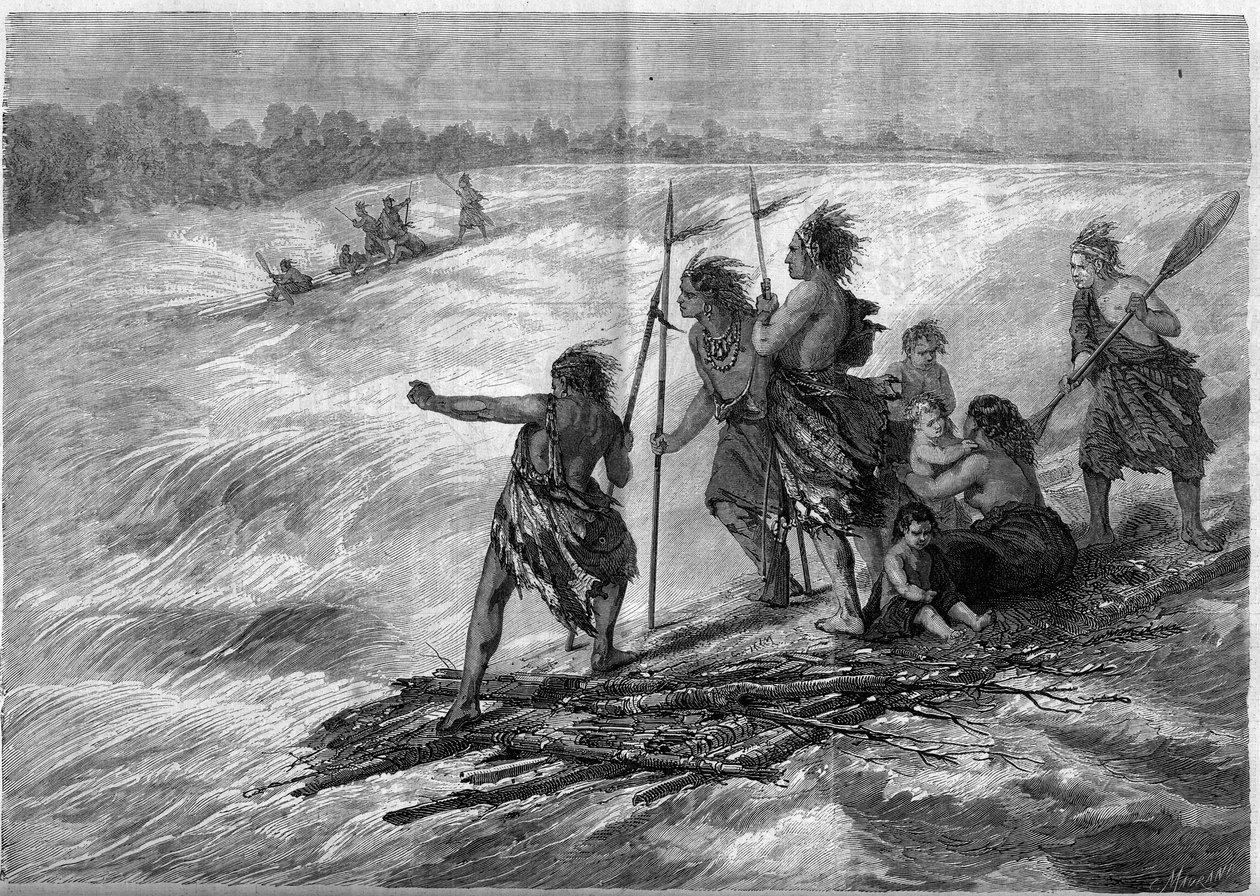 Indianer Kanadas, die auf zusammengebundenen Baumzweigen stehen und die Long Sault Rapids am Sankt-Lorenz-Strom hinunterfahren von French School