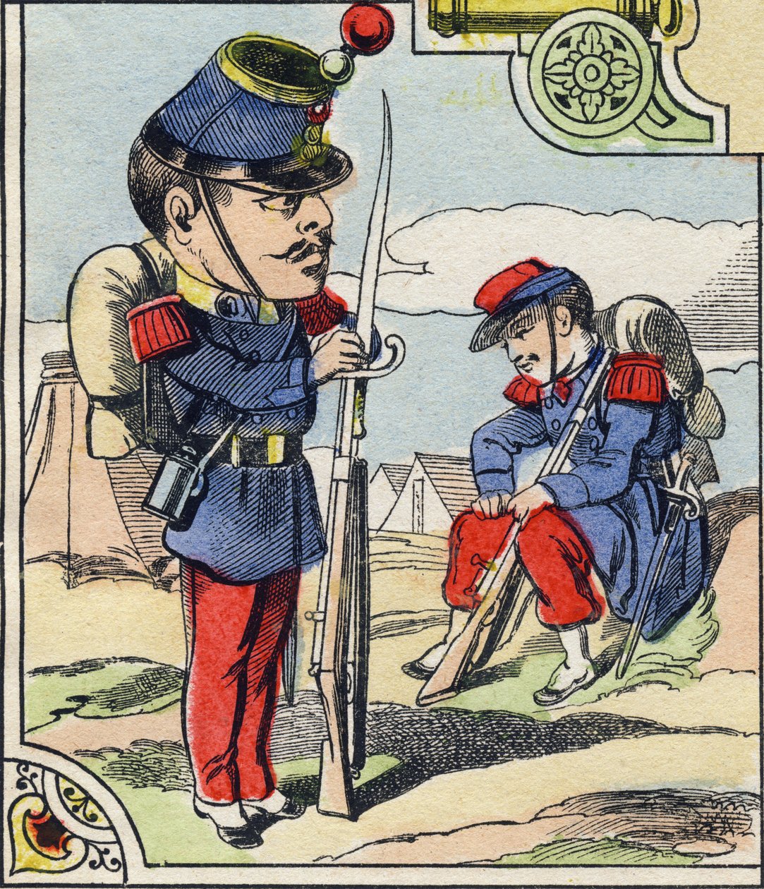 Linieninfanterie. Gravur im „Komischen Militäralphabet“. Fünfte Serie. Epinaler Bildgebung. Pellerin und Cie, Drucker, Epinal, Ende des 19. Jahrhunderts. 16 Seiten von French School