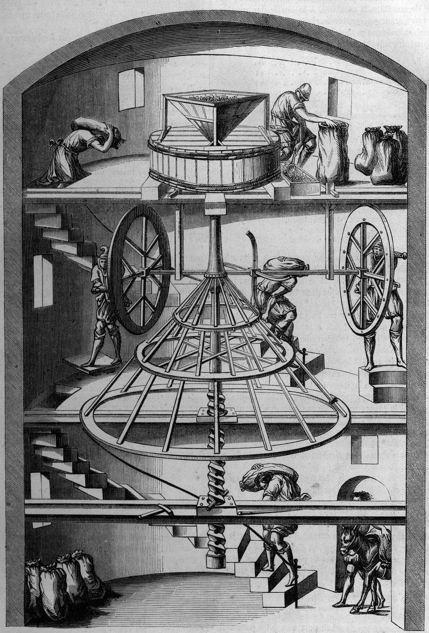 Innenansicht einer Mühle aus dem 16. Jahrhundert; Gravur von Androue du Cerceau in „Le Magasin picturesque“ von French School