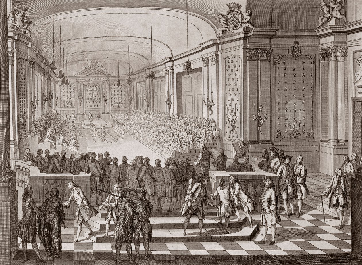 Innenansicht der Jakobinerhalle in Nantes während der Versammlung der Vereinigten Staaten von Bretagne im Jahr 1764. von French School