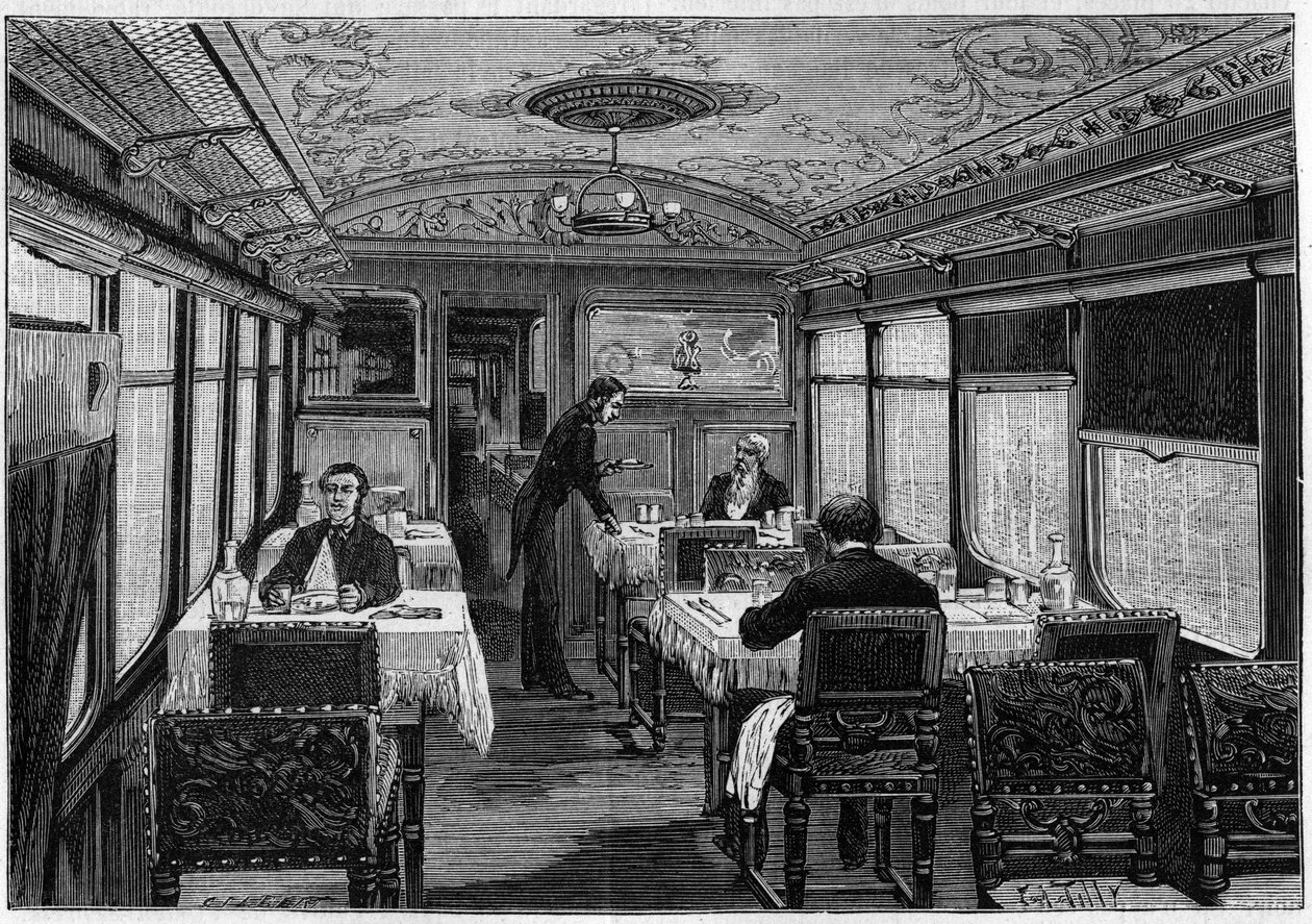 Innenansicht des Speisewagens des Orient-Express im Jahr 1884. von French School