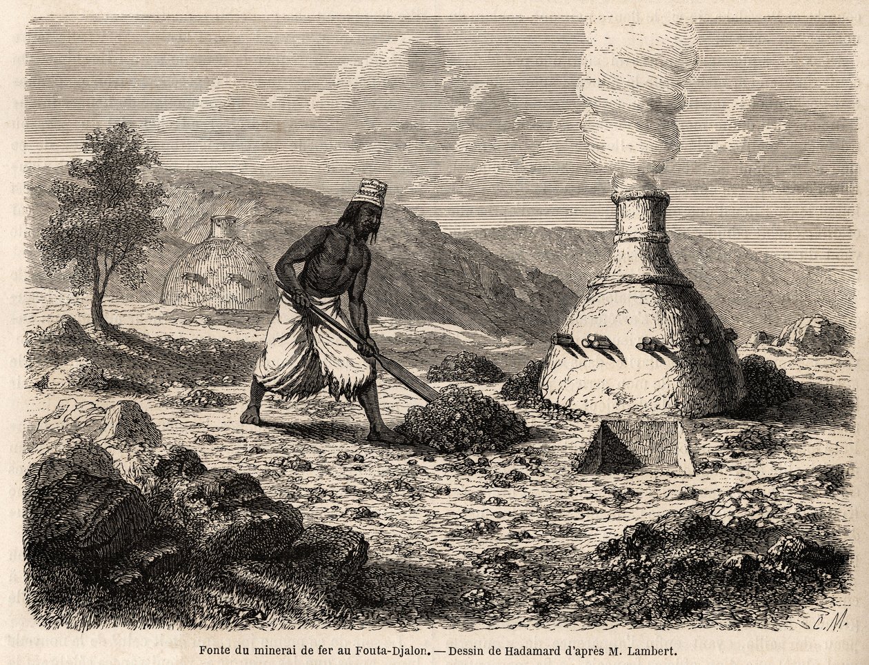 Eisenerzschmelzen in Fouta Djalon, Senegal, Zeichnung von Hadamard, zur Illustration von Leutnant Lamberts Reise nach Fouta Djalon 1860. Gravur in "Le tour du monde" 1861. Sammlung Selva. von French School