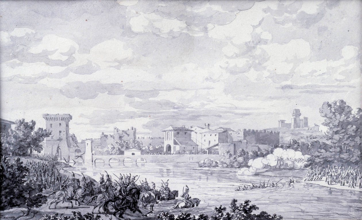 Italienische Landschaft: die französische Armee überquerte den Fluss Mincio bei Borghetto im Jahr 1796. Anonyme Zeichnung. Paris, Louvre Museum von French School