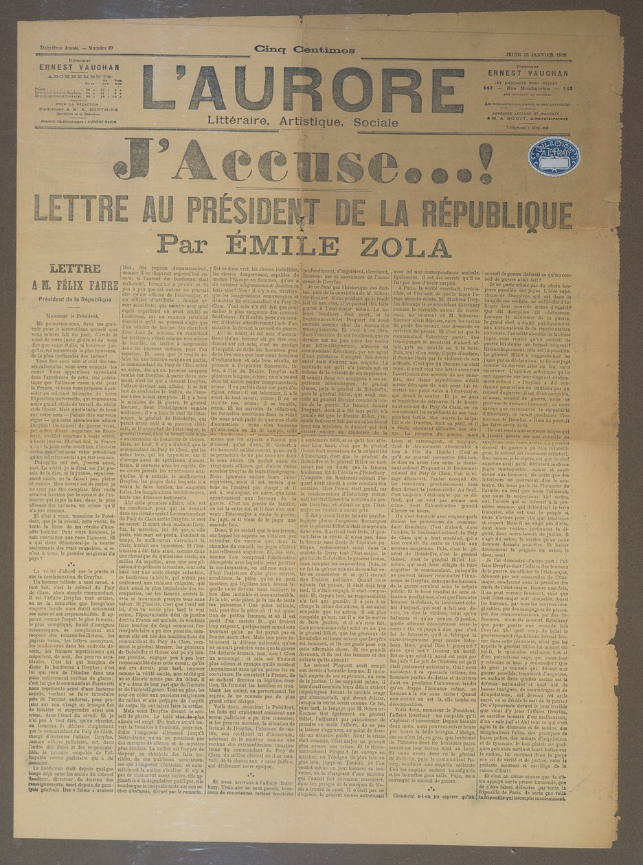 JAccuse-Brief von Emile Zola (1840-1902), veröffentlicht in LAurore, 13. Januar 1898 (Druck) von French School