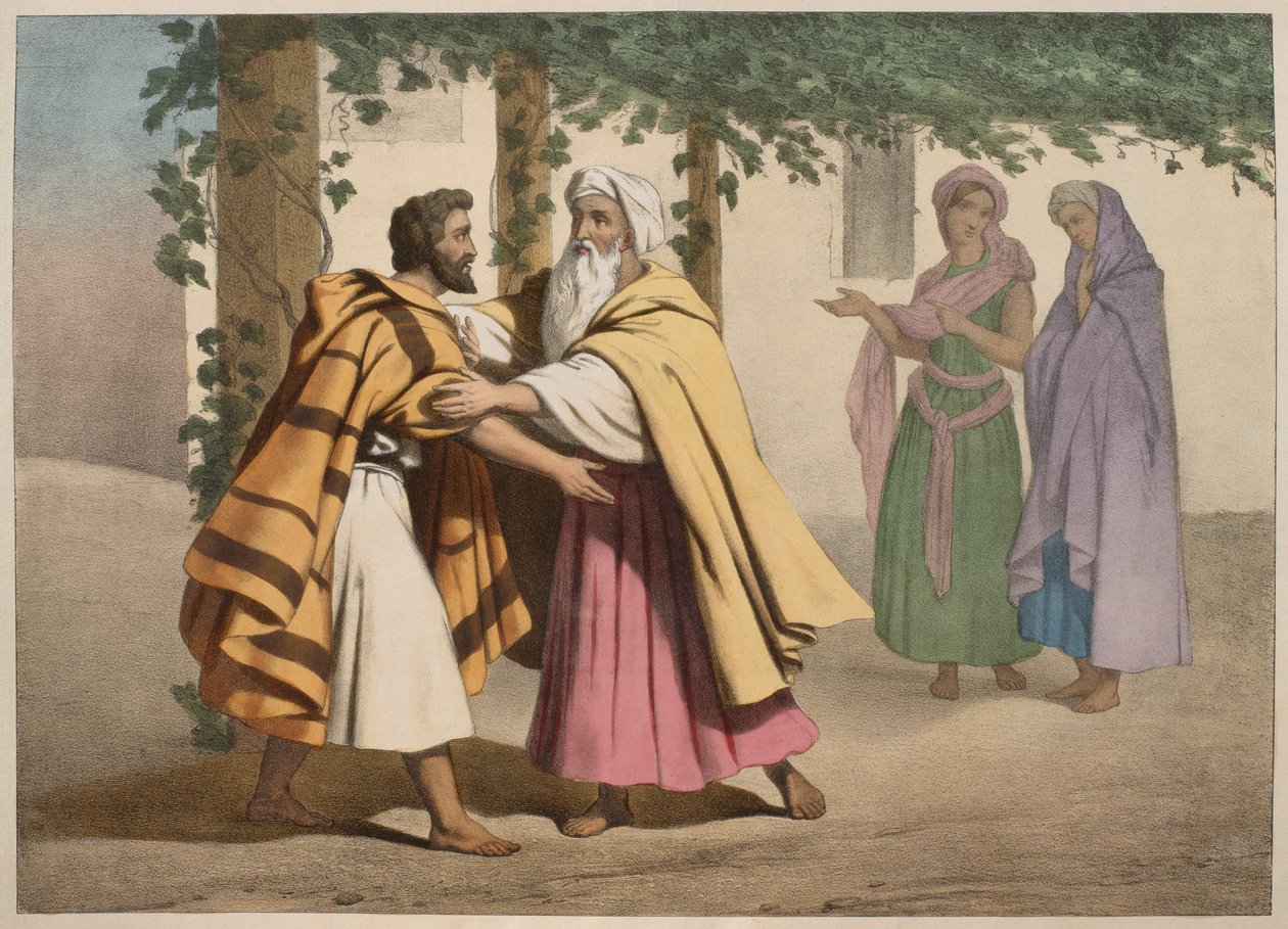 Jakob mit Laban und seinen Töchtern, Illustration aus einem Katechismus L