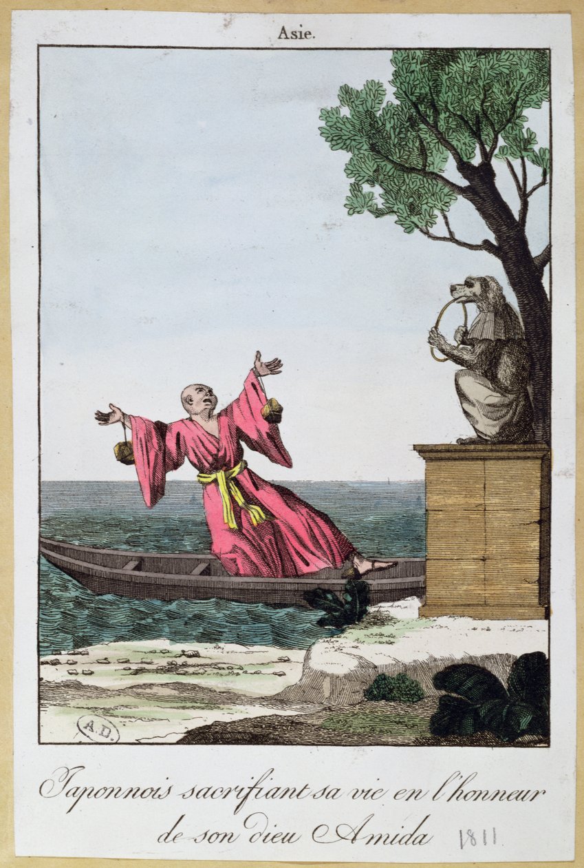 Japanischer Mann opfert sein Leben zu Ehren des Gottes Amida, 1811 von French School