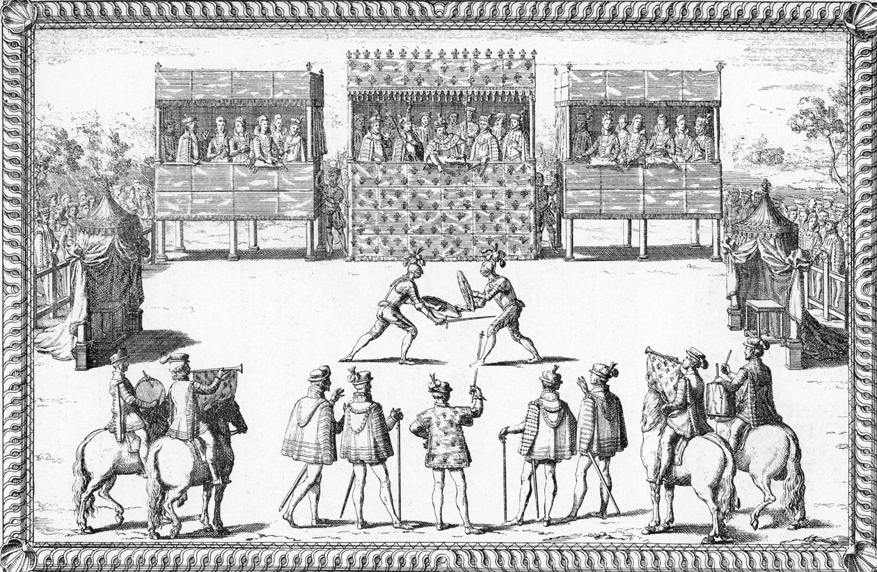 Jarnacs Schlag: Duell von Guy Chabot de Jarnac und Francois de Vivonne de la Chataignerie vor dem Hof in Saint-Germain-en-Laye von French School