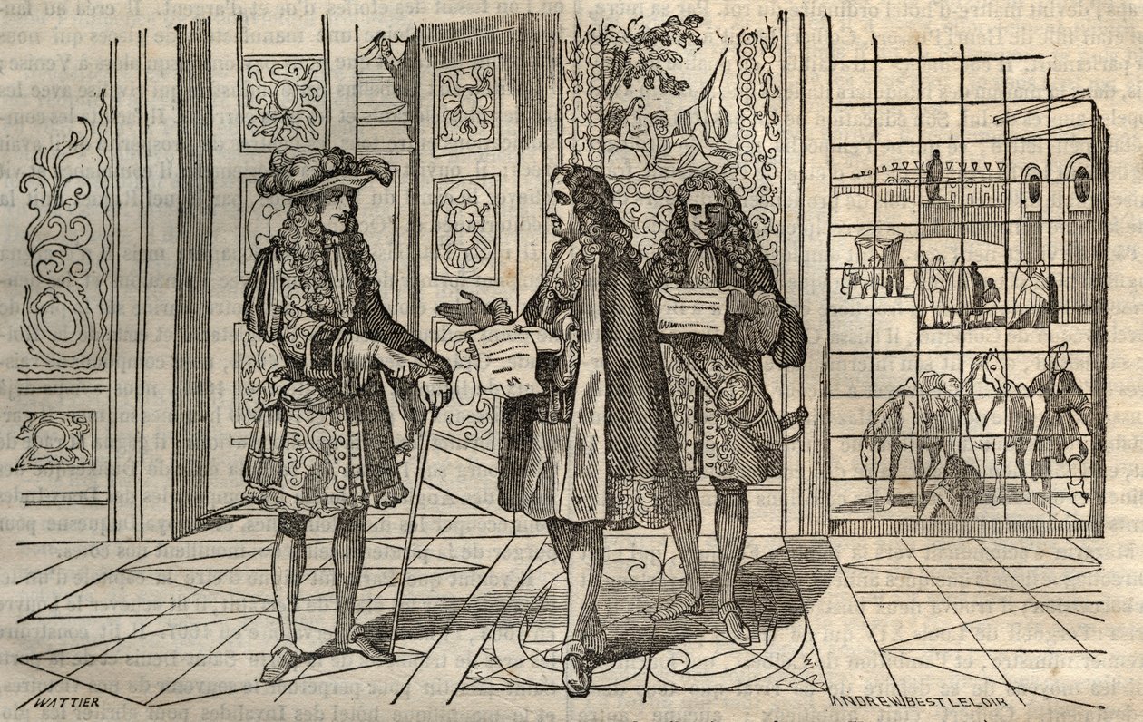 Jean-Baptiste Colbert (1619-1683) in einer Besprechung mit König Ludwig XIV. und François Louvois (1641-1691) in Versailles - Gravur nach Leclerc von French School