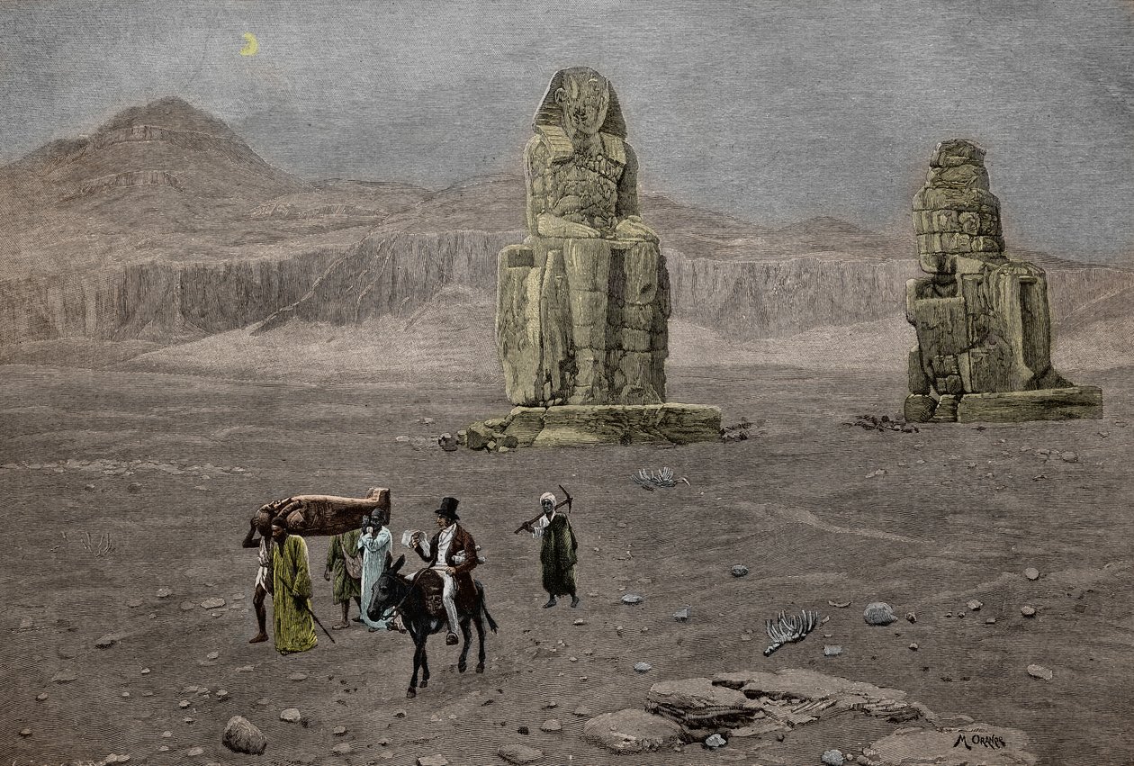 Jean Francois Champollion bei den Kolossen von Memnon, Ägypten (Gravur) von French School