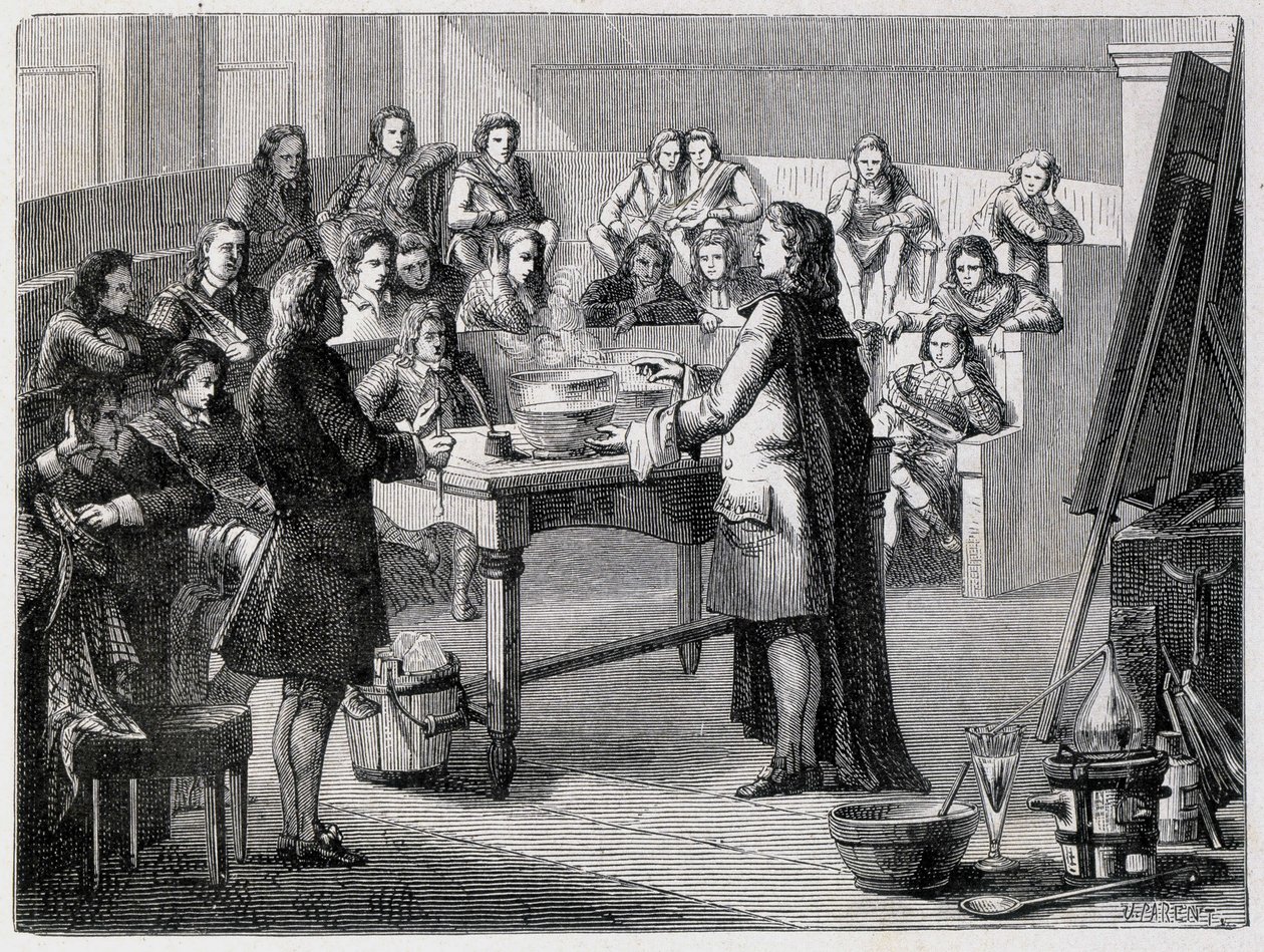 Joseph Black (1728 - 1799), britischer Chemiker und Physiker, experimentiert mit dem latenten Kalorikum vor den Studenten der Universität Glasgow von French School