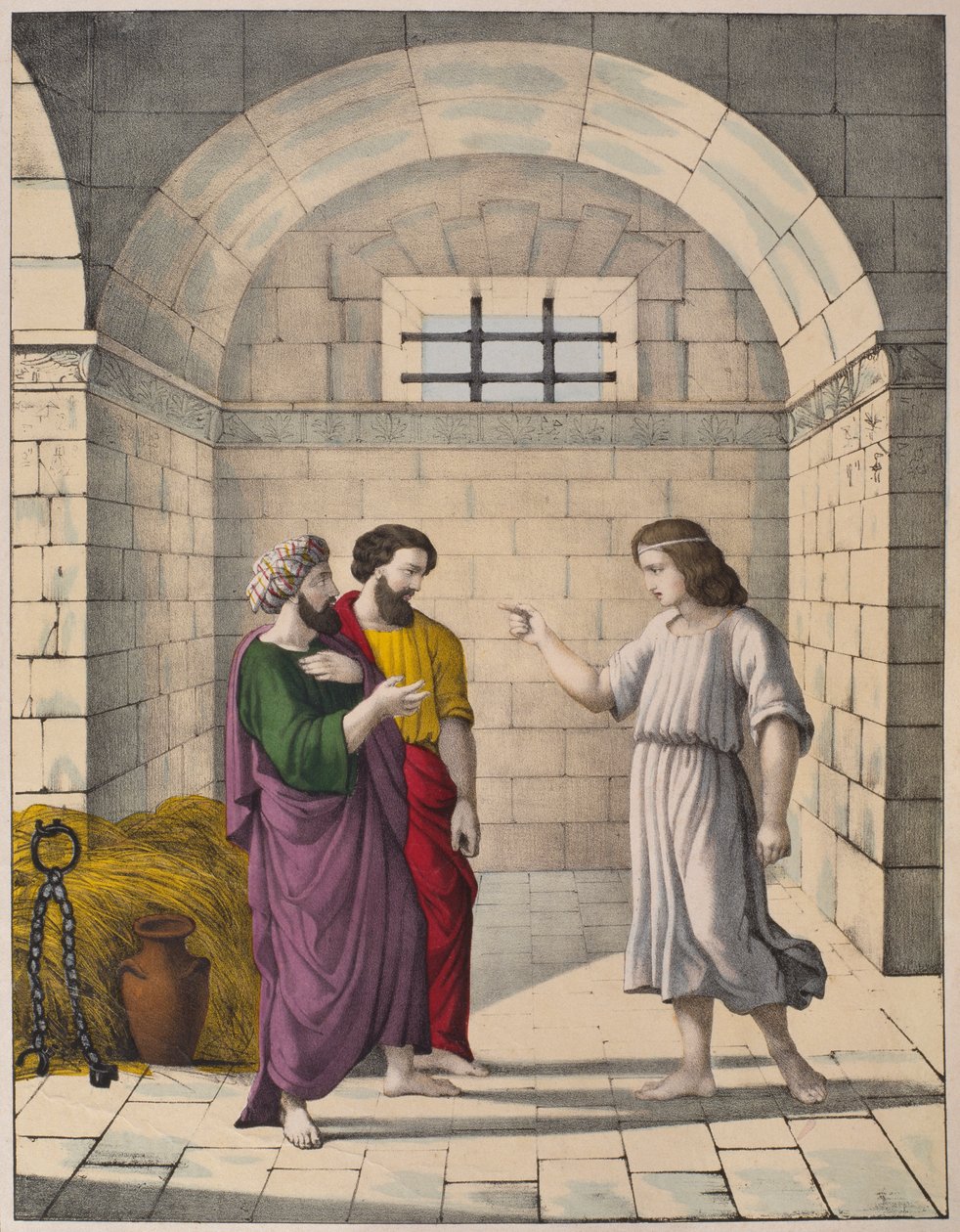 Joseph im Gefängnis erklärt die Träume des Oberbäckers und des Obermundschenks, Illustration aus einem Katechismus L