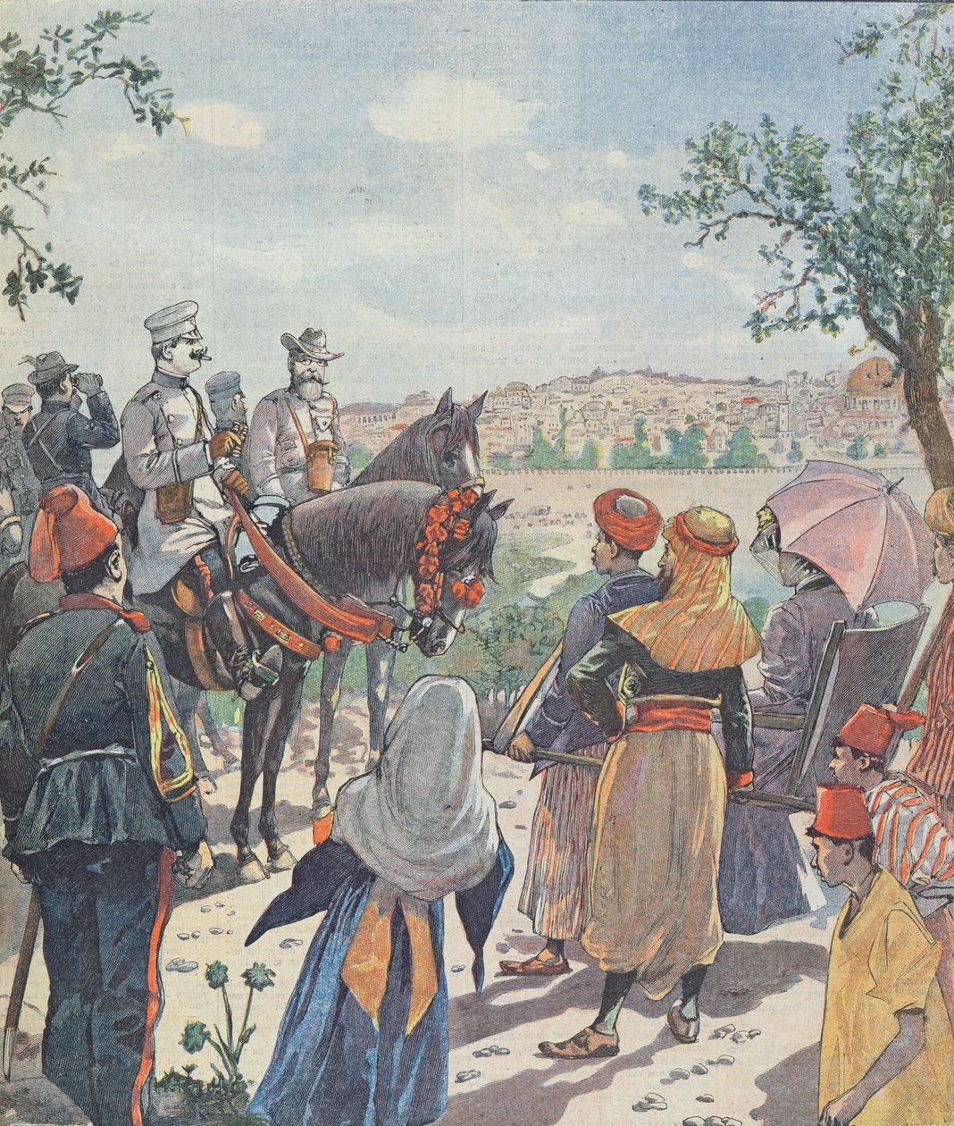 Reise von Kaiser Wilhelm II. (1859-1941) nach Palästina. Die Ankunft in Jerusalem, aus einer Zeitung, 2. November 1898 von French School