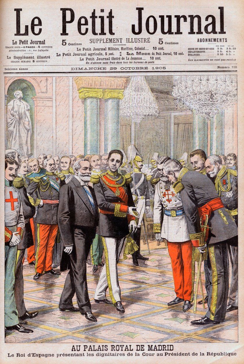 König Alfons XIII. von Spanien stellt seinen Hof Präsident Emile Loubet von Frankreich im Königspalast in Madrid vor. Im Königspalast von Madrid. Der König von Spanien Alfons XIII. stellt die Würdenträger des Hofes dem Präsidenten der Republik Loubet vor. von French School