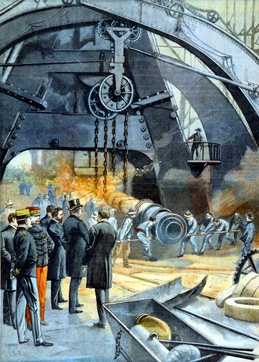 König Carlos I. (Karl I. von Portugal) in den Ateliers du Creusot in „Le Petit Parisien“ vom 26.02.1899 von French School