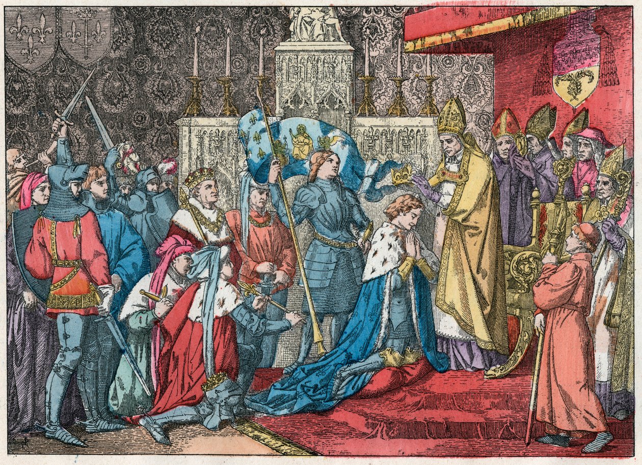 König Karl VII. (1403-1461) erhält die Krone in der Kathedrale von Reims am 17.07.1429 in Anwesenheit von Jeanne d