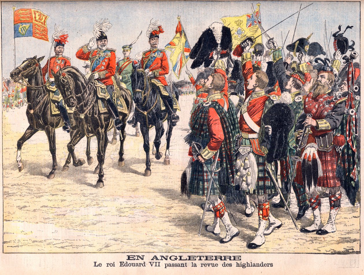 König Edward VII. inspiziert Highland-Truppen. In England. König Edward ...