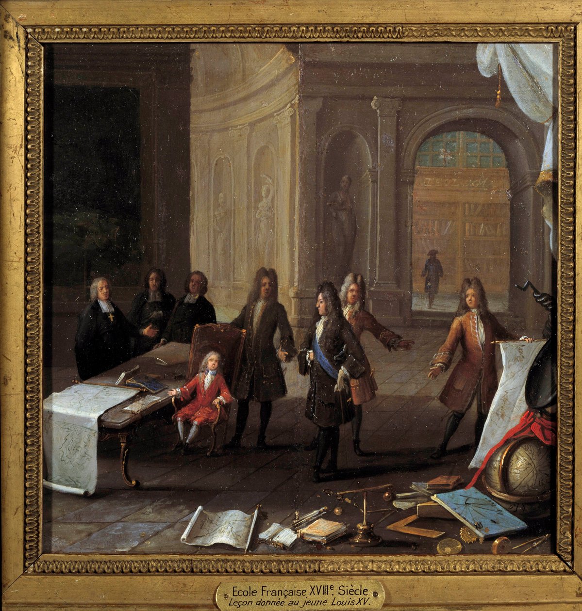 König Ludwig XV. (1710-1774) als Kind, der eine Lektion in Anwesenheit von Kardinal Fleury und Regent Philipp II. Herzog von Orléans (1674-1723) erhält (Detail) von French School