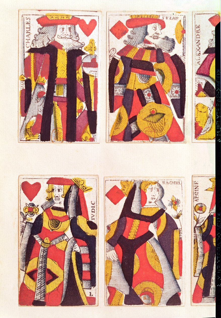 König und Königin spielen Karten (farbiger Holzstich) von French School