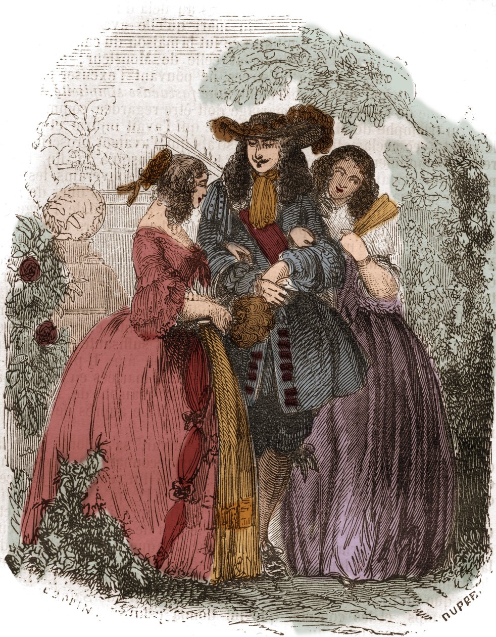 König von Frankreich Ludwig XIV. (1638-1715) mit Hortense Mancini (1646-1699) und seiner Schwester Marie Mancini (1639-1715). Nichten von Mazarin. Gravur aus dem 19. Jahrhundert. von French School