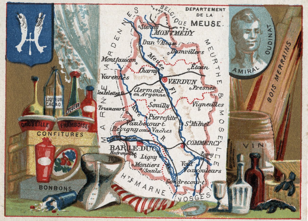 La Meuse (55), Lothringen, Frankreich. Porträt von Admiral Oudinat (eigentlich Nicolas Charles Marie Oudinot, Herzog von Reggio 1767-1847), Marschall des Kaiserreichs. Lokale Spezialität: Stachelbeere und Himbeerlikör, Süßigkeiten, Wein und Merrains-Holz.  von French School