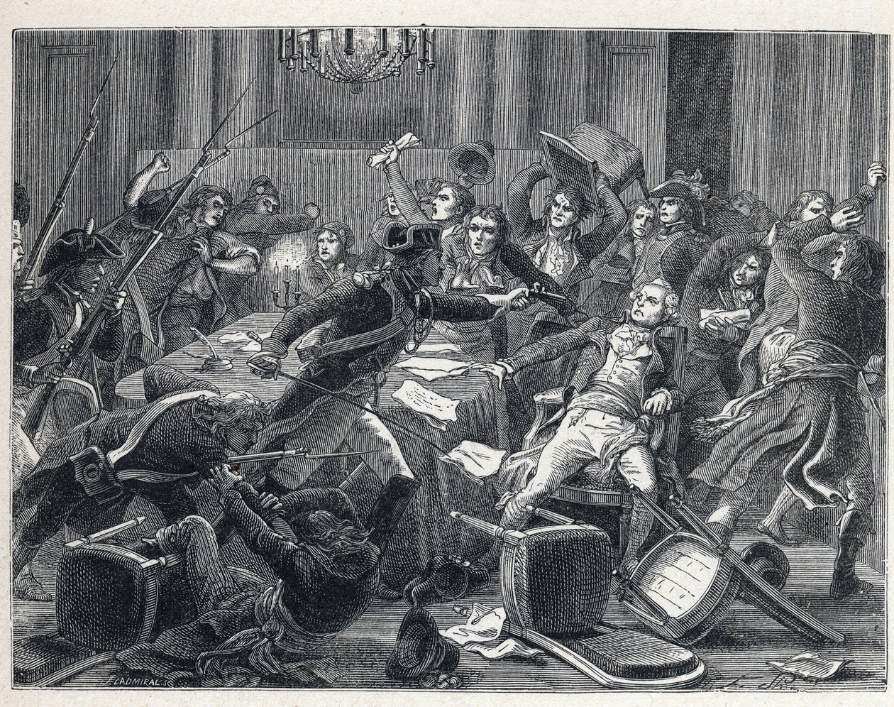 Der Terror während der Französischen Revolution: Verhaftung von Maximilien de Robespierre (1758-1794) und seinen Anhängern im Hôtel de Ville de Paris am 9. Thermidor Jahr II (27. Juli 1794). In der Mitte schießt ein Gendarm mit einer Pistole auf Robespierr von French School