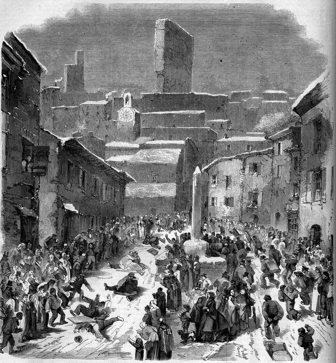 La glissade en barriots (Schlittenfahren) in Bourdeaux, Drome (26), Winter 1860. Gravur in „Le Monde Illustré“ Nr. 149 vom 18. Februar 1860. von French School
