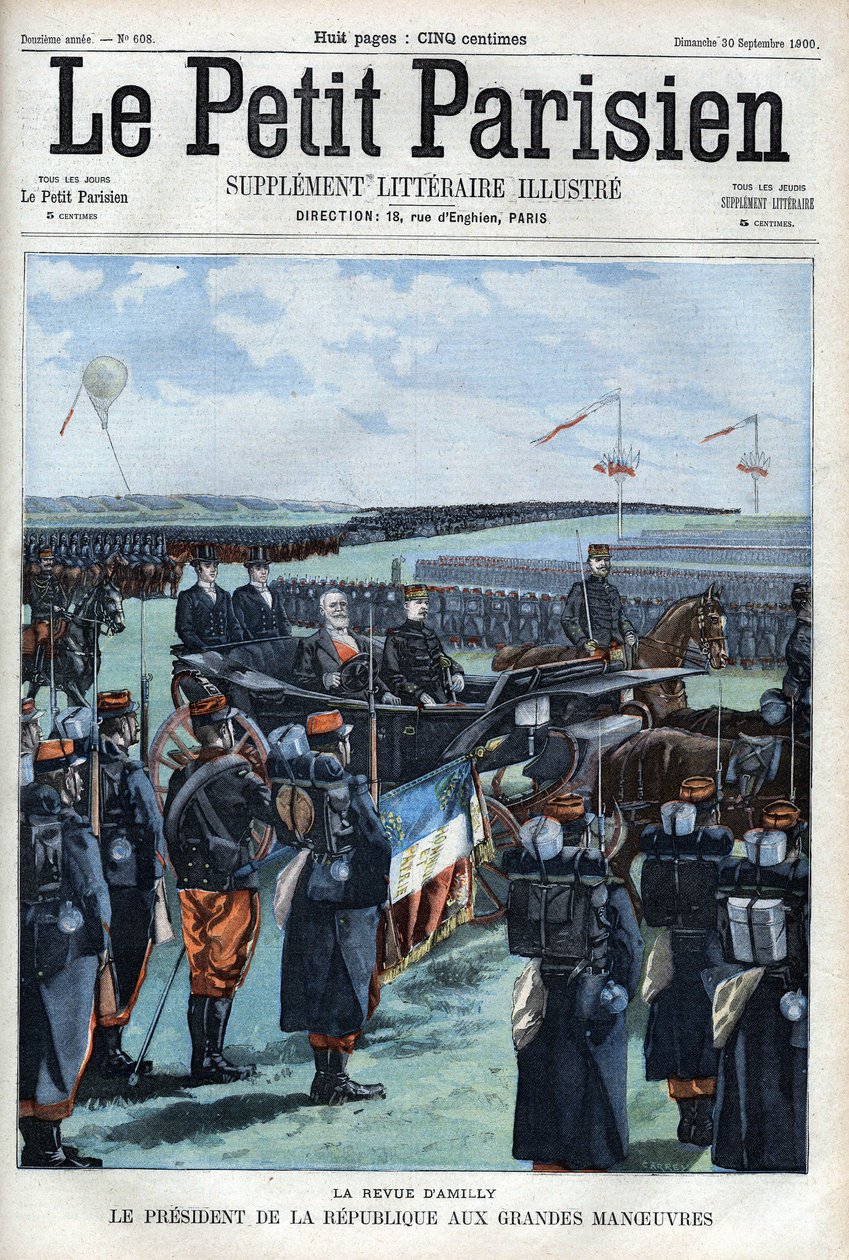 Die Revue von Amilly: Der Präsident der Französischen Republik Émile Loubet bei den großen Manövern - in „Le Petit Parisien“ von French School