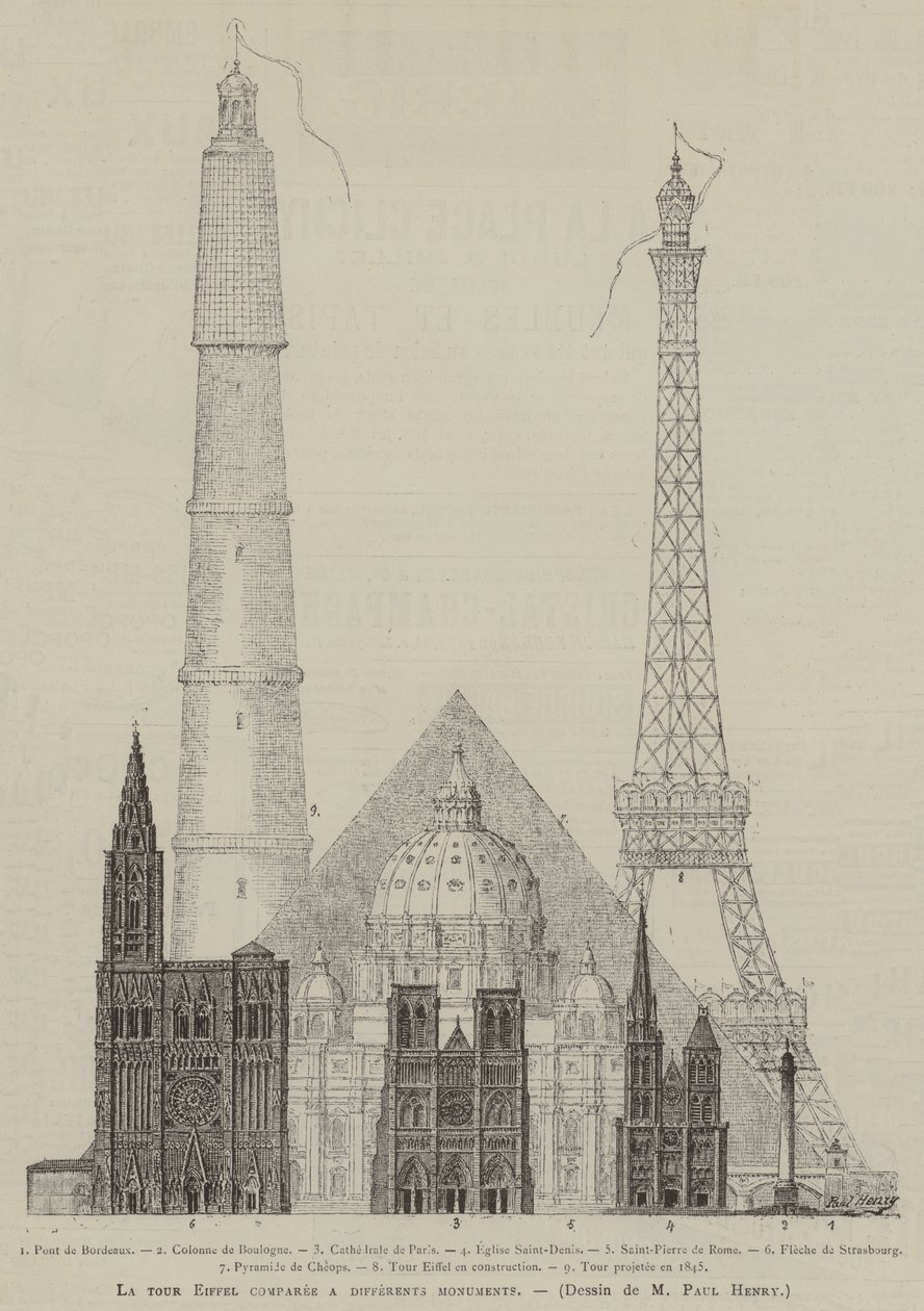 Der Eiffelturm im Vergleich zu verschiedenen Denkmälern (Gravur) von French School