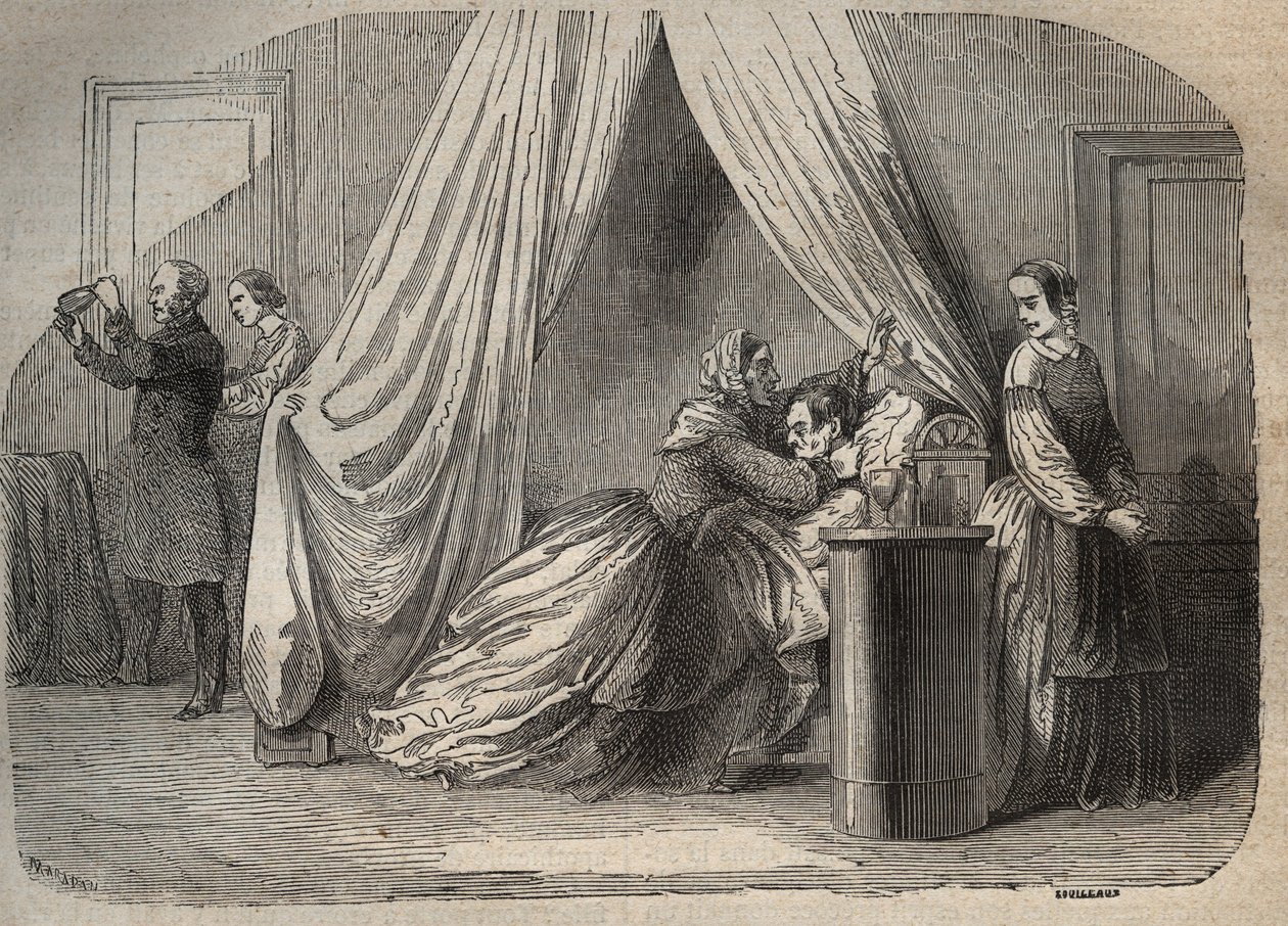 Die letzten Momente von Charles Lafarge (1811-1840), Ehemann von Marie Fortunée Capelle, Marie Lafarge (Madame) (1816-1852) französische Kriminelle - Gravur in „Causes célèbres de tous les peuples“ von Armand Fouquier (1817-18?) 1858-1867 - private Sammlun von French School
