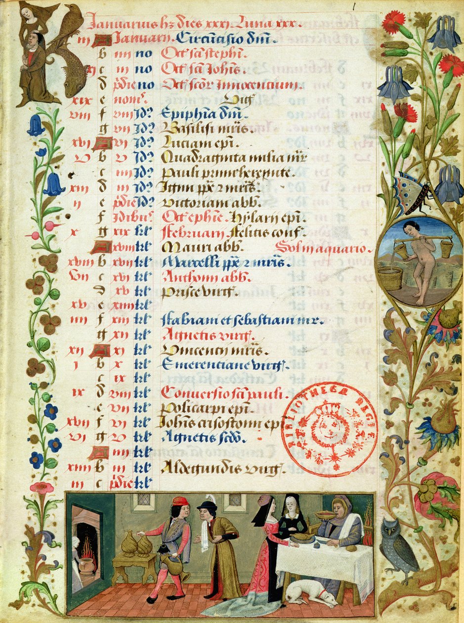Januar; Figuren essen und trinken, von Robinet Testard, aus den Stunden von Charles von Angouleme von French School