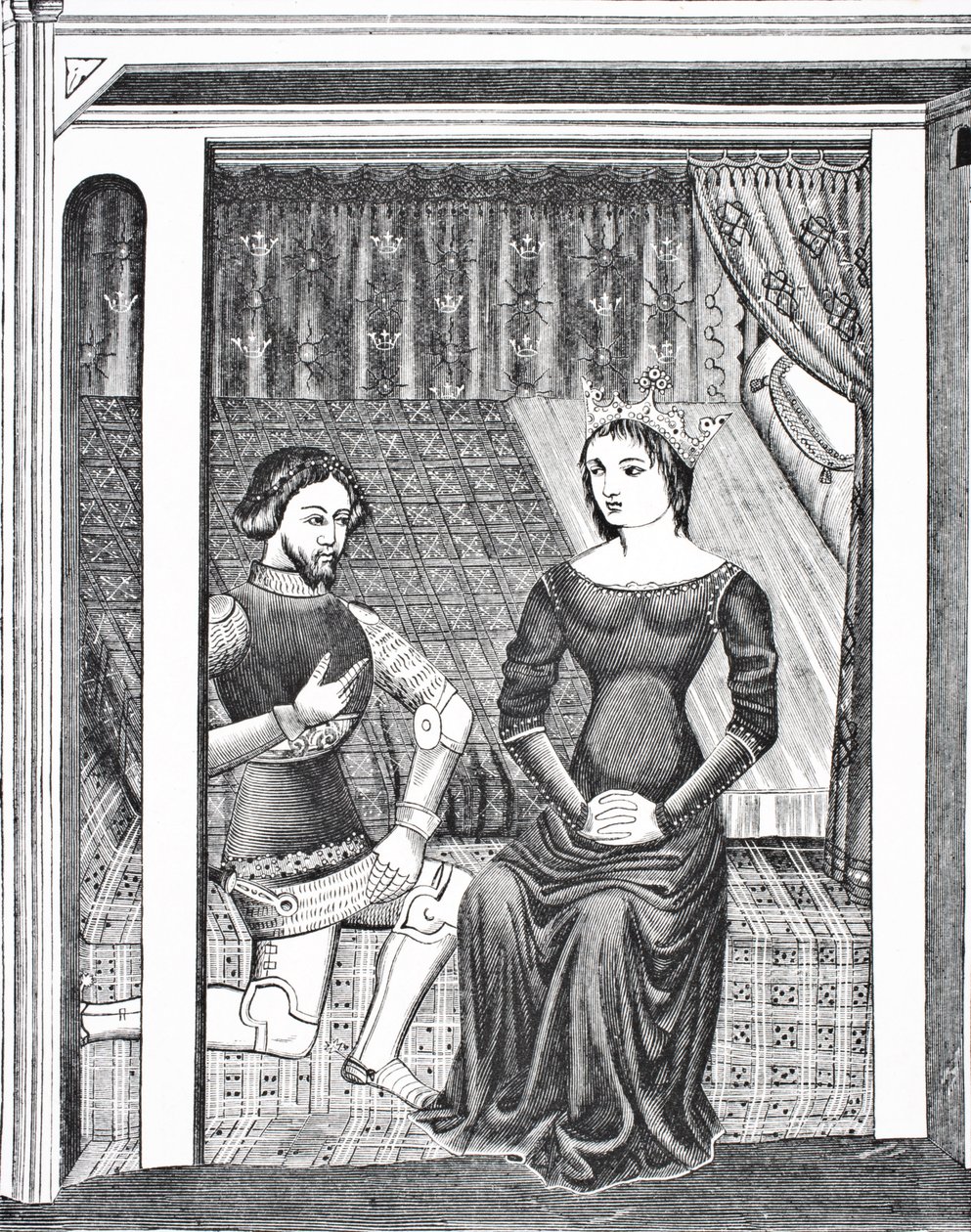 Lancelot und Guinevere, nach einer Miniatur aus einem Manuskript des 14. Jahrhunderts, aus Wissenschaft und Literatur im Mittelalter von Paul Lacroix, London 1878 von French School