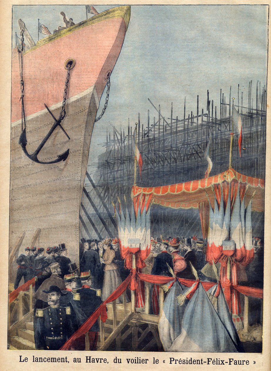 Stapellauf in Le Havre der „Präsident Felix-Faure“ Segelboot. „Le petit Journal“ von French School