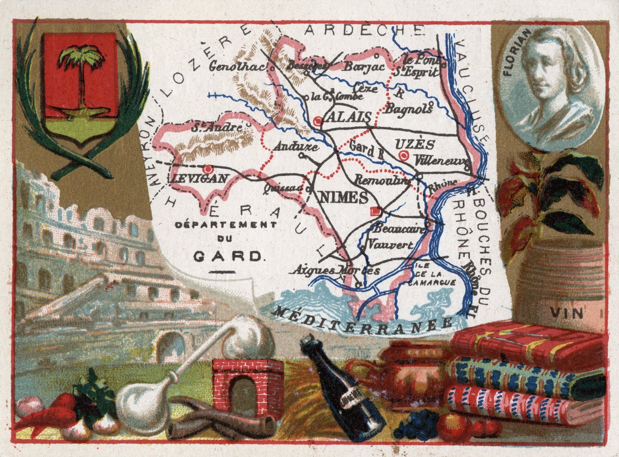 Le Gard (30), Languedoc-Roussillon, Frankreich - Lokale Spezialität: Eau de Vie (Destillationsapparat) und Wein - Porträt von Jean-Pierre-Claris (Jean Pierre Claris) de Florian (1755-1794) - Serie über die französischen Departements - Chromolithographie von French School