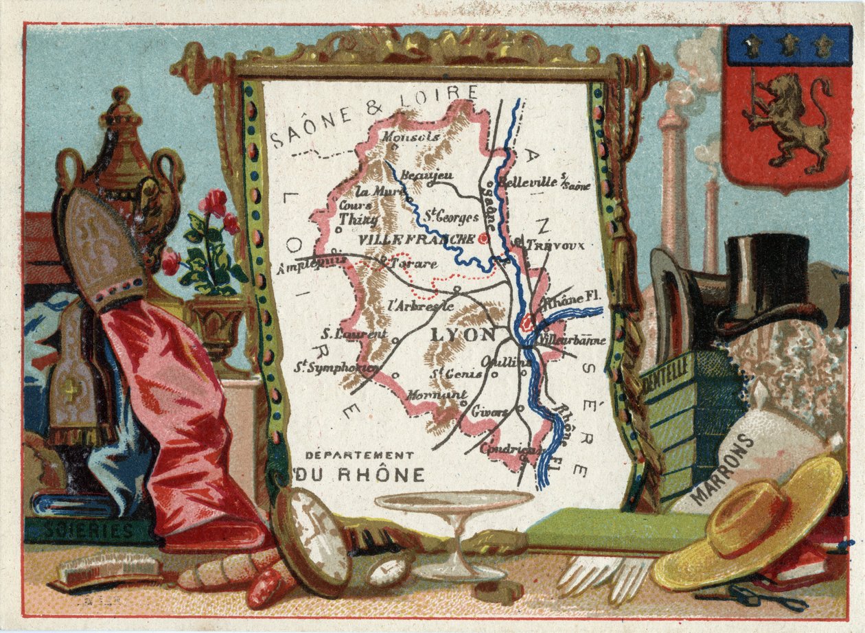 Le Rhone, Rhone-Alpes, Frankreich. Lokale Spezialität: Seide, Braun, Spitze. Serie über die französischen Departements. Chromolithographie, ca. 1920. Privatsammlung. von French School
