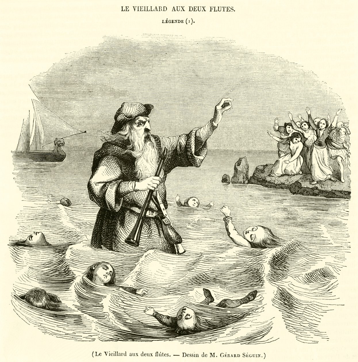Der Greis mit den zwei Flöten (Gravur) von French School