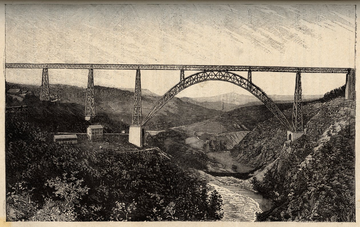 Le Viaduc de Garabit - Cantal - Auvergne-Rhône-Alpes - Gravur in „PATRIE - DESCRIPTION PACUREQUIREQUE DE LA FRANCE EN 6 VOLUMES BY LUCIEN HUARD“ - Ende 19. Jahrhundert von French School