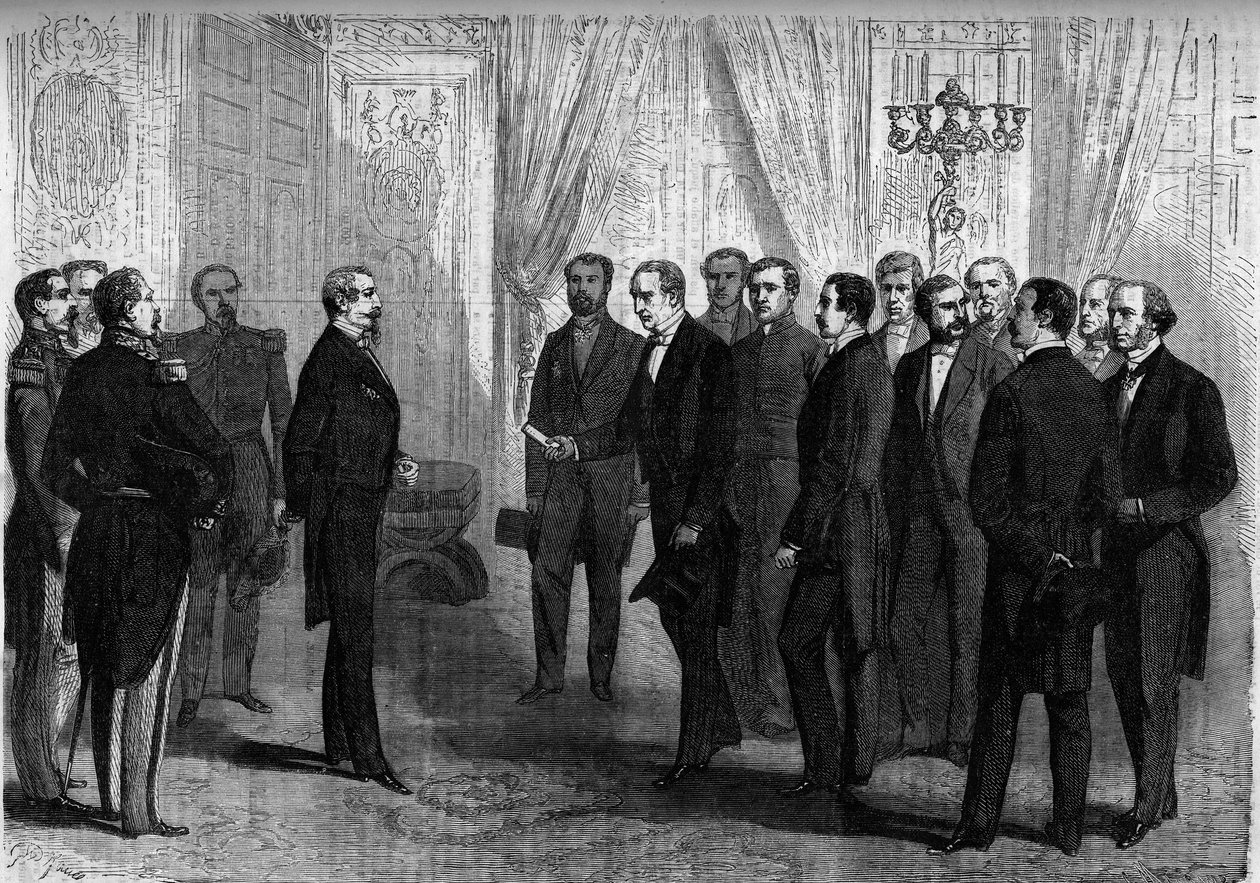 Kaiser Napoleon III. empfängt im Tuilerienpalast die mexikanische Delegation, die beauftragt ist, dem Prinzen Maximilian (Maximilian I. von Mexiko) die Krone von Mexiko anzubieten. Paris von French School