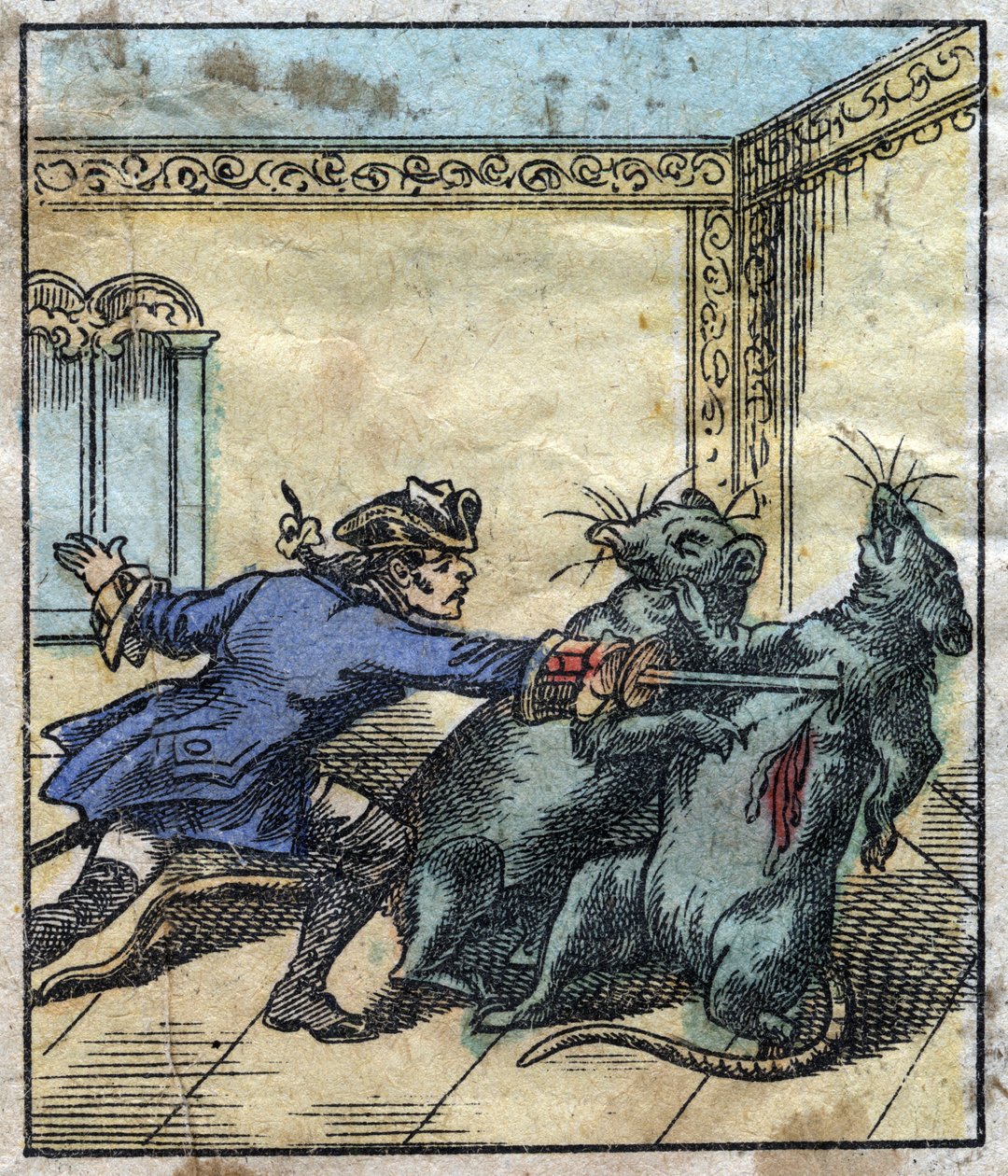 Lemuel Gulliver kämpft gegen Ratten im Land der Riesen von Brobdingnag. Illustration für "Gullivers Reisen" von Jonathan Swift. Epinal-Bildgebung Ende des 19. Jahrhunderts. von French School