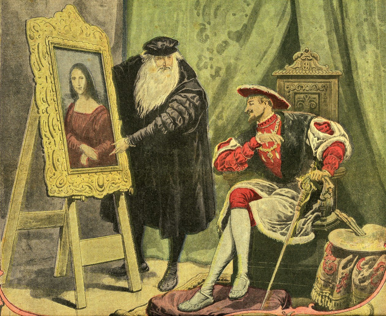 Leonardo da Vinci präsentiert sein Gemälde La Mona Lisa (Mona Lisa, Monna Lisa) an Franz I., der es 1517 für 4000 Goldgulden (15 Kilo Gold) kaufte. Gravur auf dem Titelblatt des illustrierten Supplements des Petiure Journals Nr. 1206, 28/12/1913. von French School