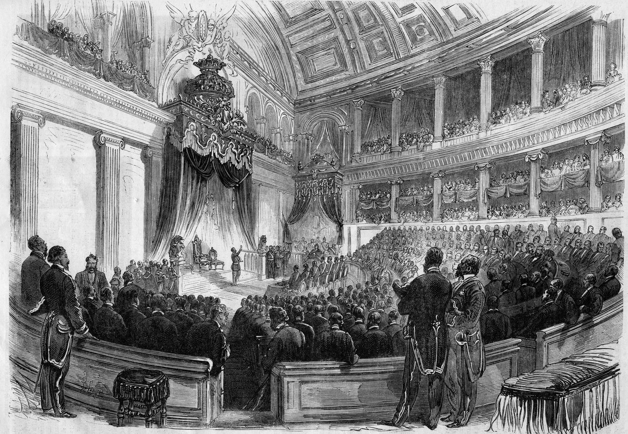 Leopold II (1835-1909), König der Belgier, legte 1865 einen Eid vor den großen Staatsorganen ab. von French School