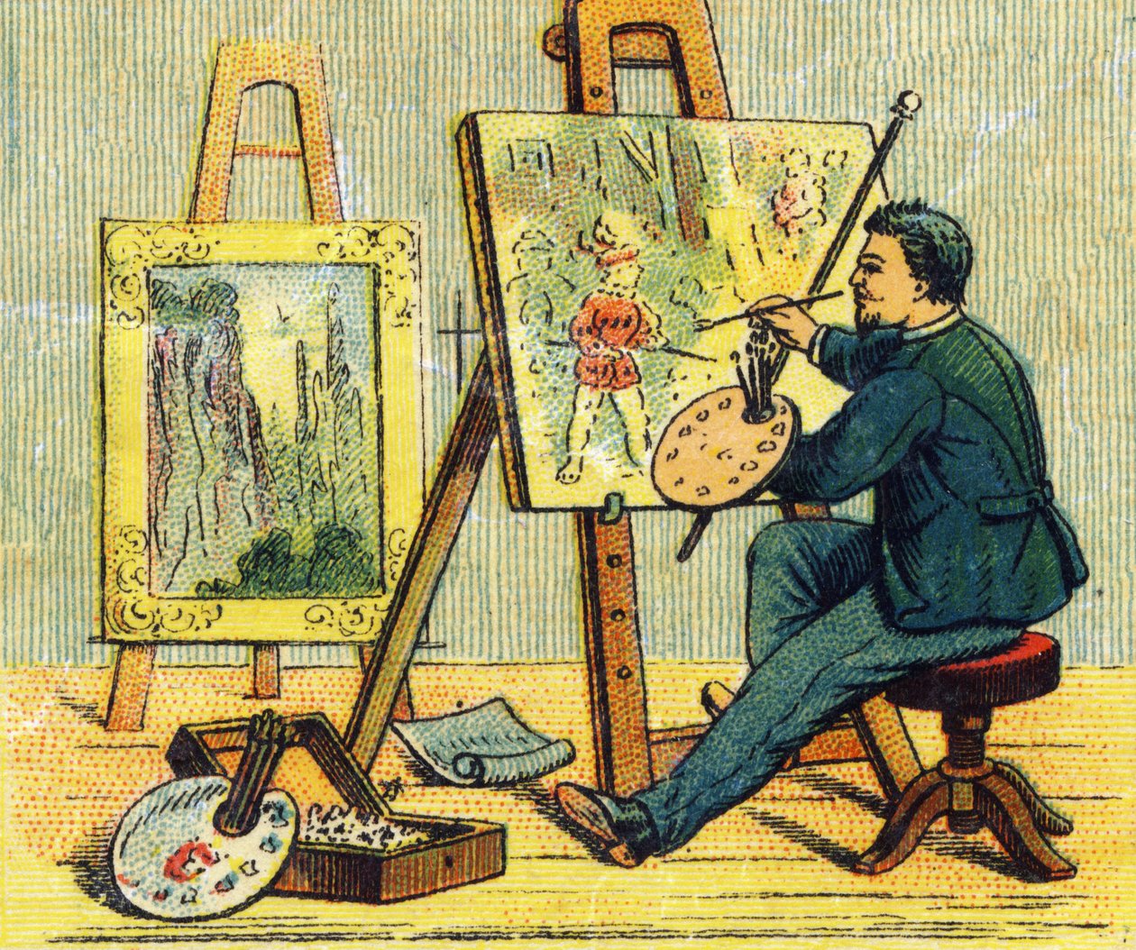 Buchstabe A: Maler in seinem Atelier. Gravur in "ABC indechirable auf lackierter Leinwand". A. Capendu, Herausgeber, Paris, spätes 19. Jahrhundert. Kinderbuchhandlung illustriert. 8 Seiten. Maße: 21,5x18cm von French School
