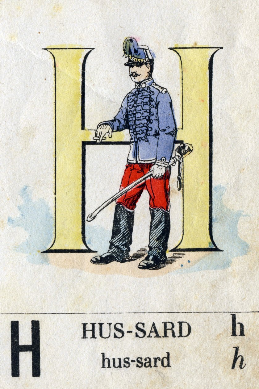 Buchstabe H als Husar. Militäralphabet. Bildmaterial von Epinal, ca. 1870-1880. Schablonenfarbige Holzschnitte. von French School