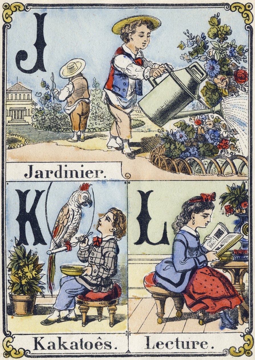 Buchstaben J, K und L: Gärtner, Kakadus und Lesen. Unterhaltsames Alphabet. Epinaler Bildgebung. Schablonierte Holzschnitte, um 1880. Kleines Heft mit 16 Seiten von French School