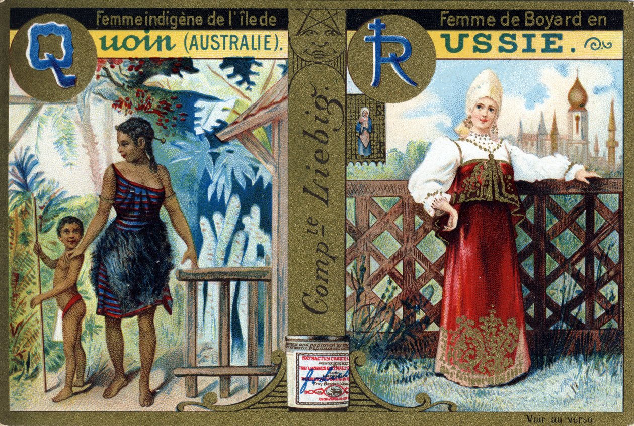 Buchstabe Q als indigene Frau von Quoin Island und R als Bojarenfrau in Russland. Frauenalphabet. Serie von 12 Bildern. Liebig-Werbung von French School